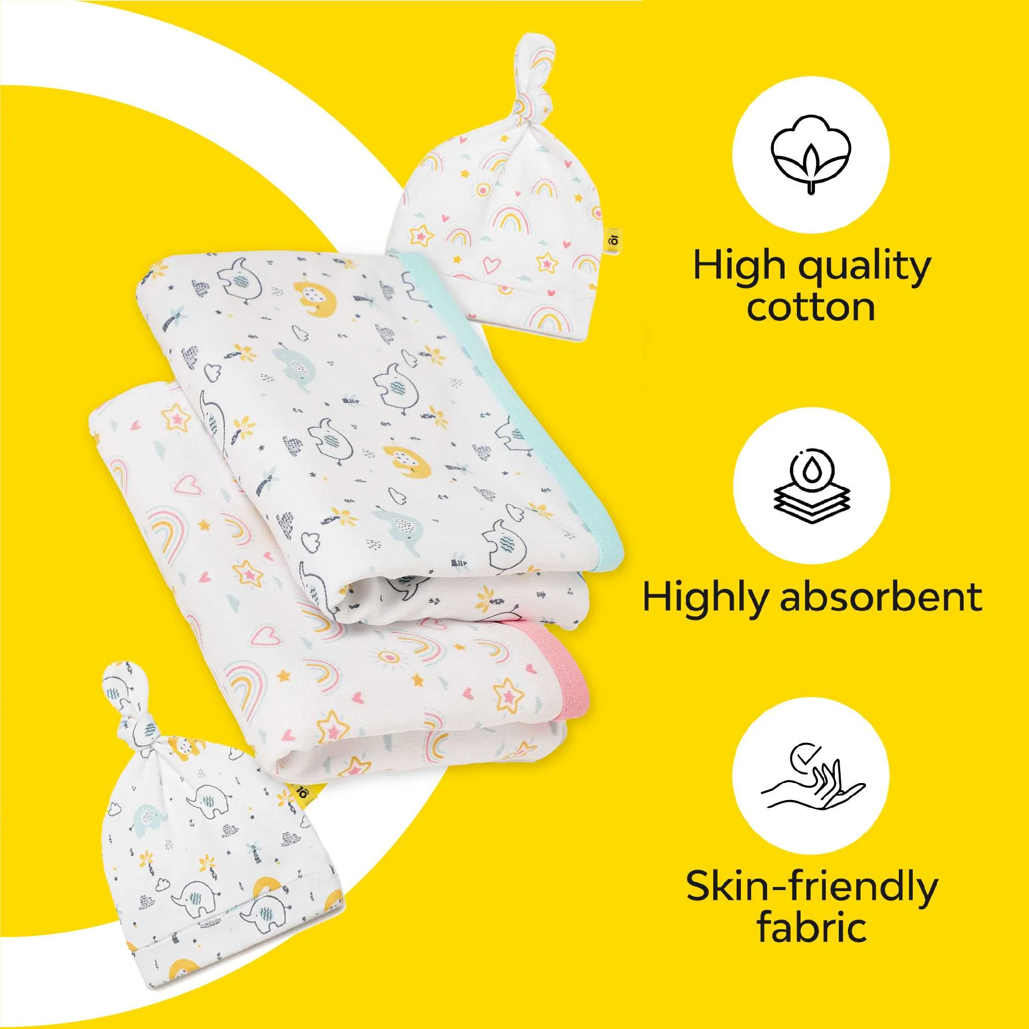 100% Cotton Baby Hooded Blanket And Knotted Cap | Set Of 4 - Image 4