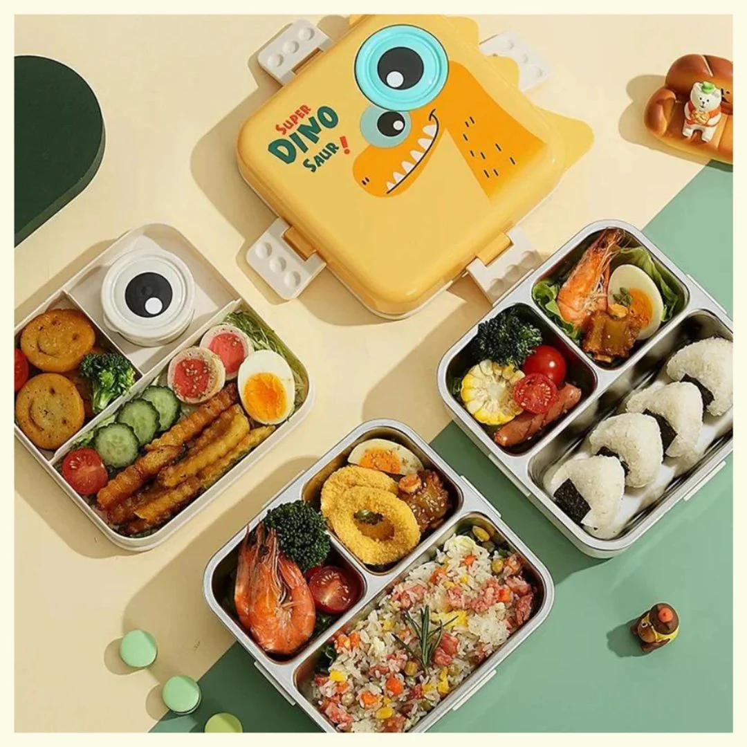 1120ml 5 Compartment Dino Eye Design Steel Lunch Box with Spoon and 70ml Salad Cup - Image 3