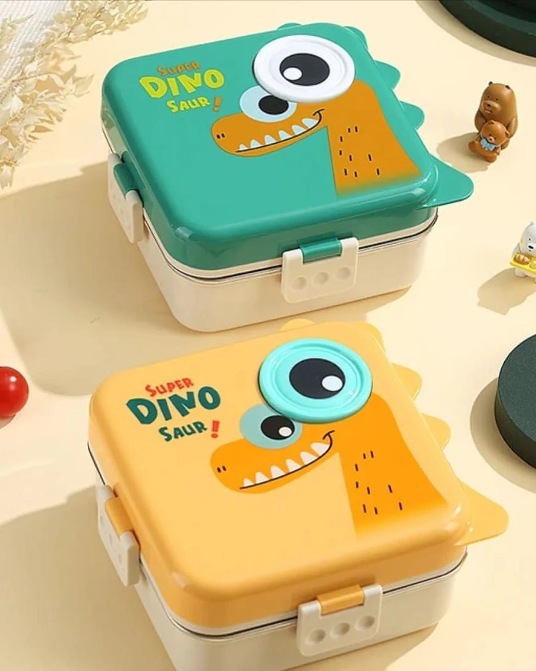 1120ml 5 Compartment Dino Eye Design Steel Lunch Box with Spoon and 70ml Salad Cup - Image 4