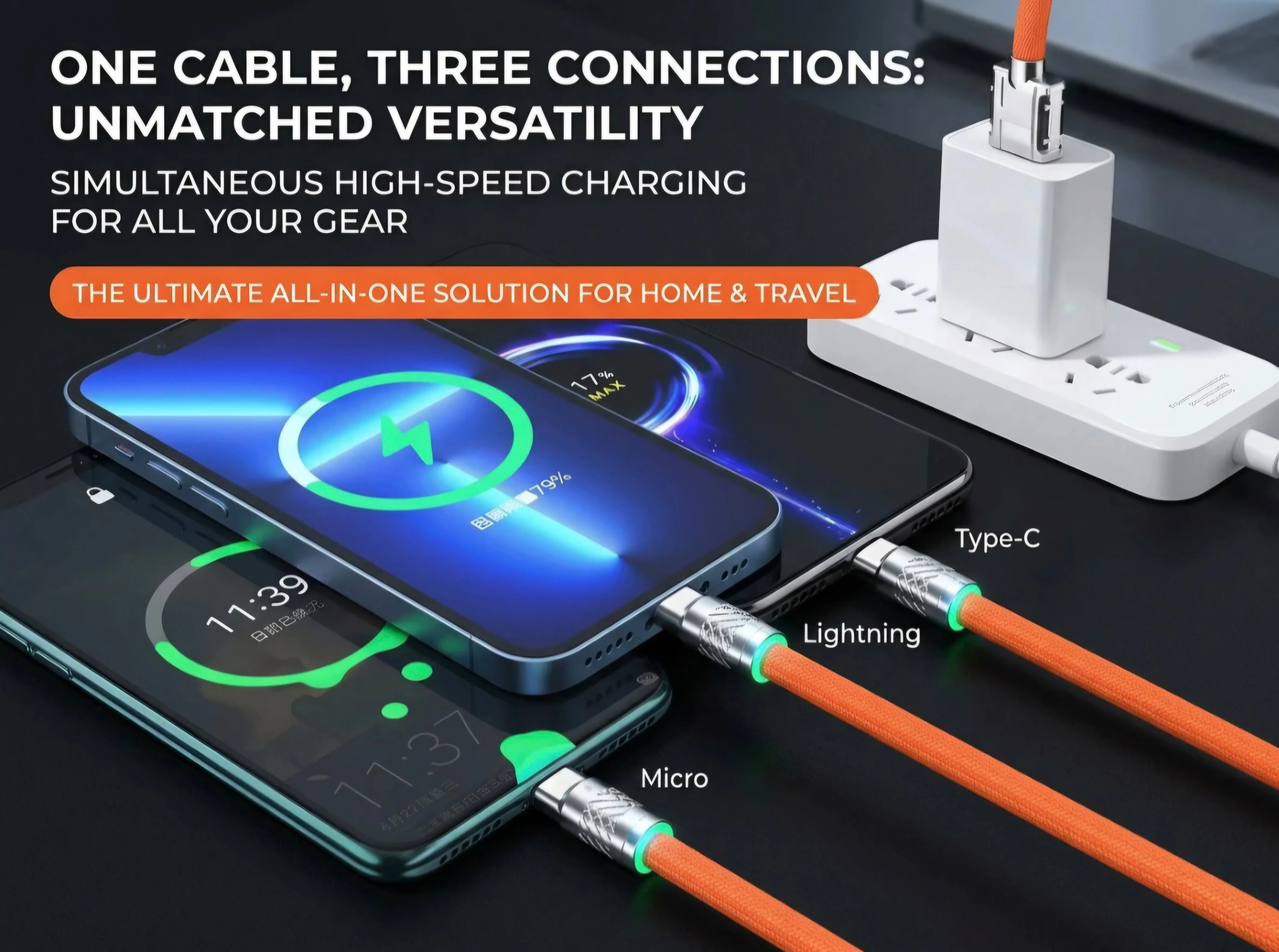 120W 3 in 1 Orange silicone cable - Image 2