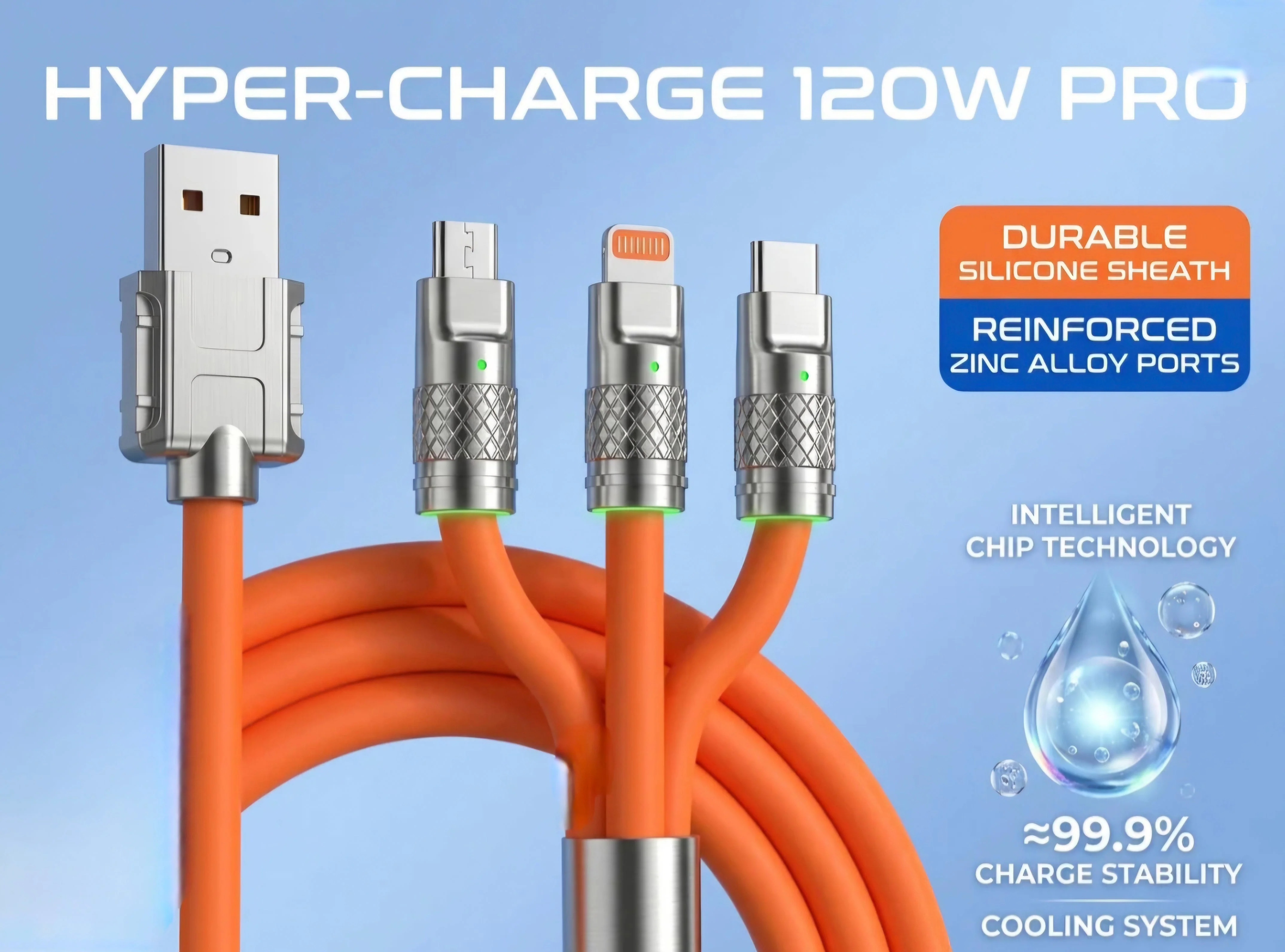 120W 3 in 1 Orange silicone cable - Image 5