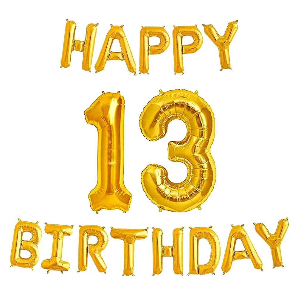 16 Inch 13th Happy Birthday Alphabets & 32 Inch 13 Number Gold Foil Balloon