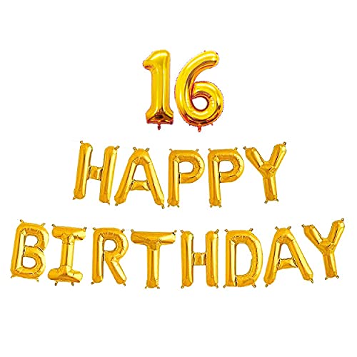 16 Inch 16th Happy Birthday Alphabets & 16 Inch 16 Number Gold Foil Balloon - Image 2