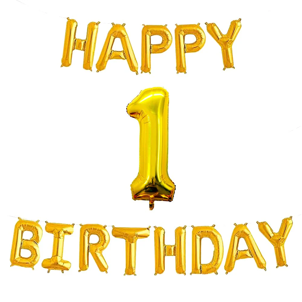 16 Inch 1st Happy Birthday Alphabets & 32 Inch 1 Number Gold Foil Balloon