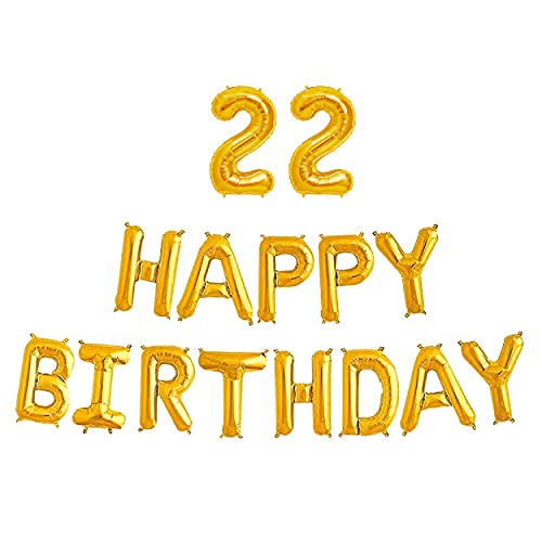 16 Inch 22nd Happy Birthday Alphabets & 16 Inch 22 Number Gold Foil Balloon - Image 2