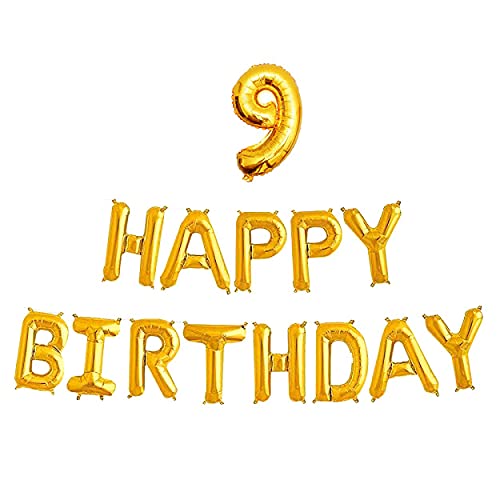 16 Inch 9th Happy Birthday Alphabets & 16 Inch 9 Number Gold Foil Balloon - Image 2