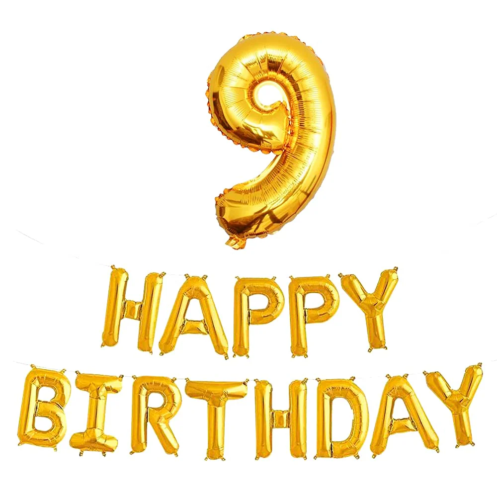 16 Inch 9th Happy Birthday Alphabets & 32 Inch 9 Number Gold Foil Balloon - Image 2