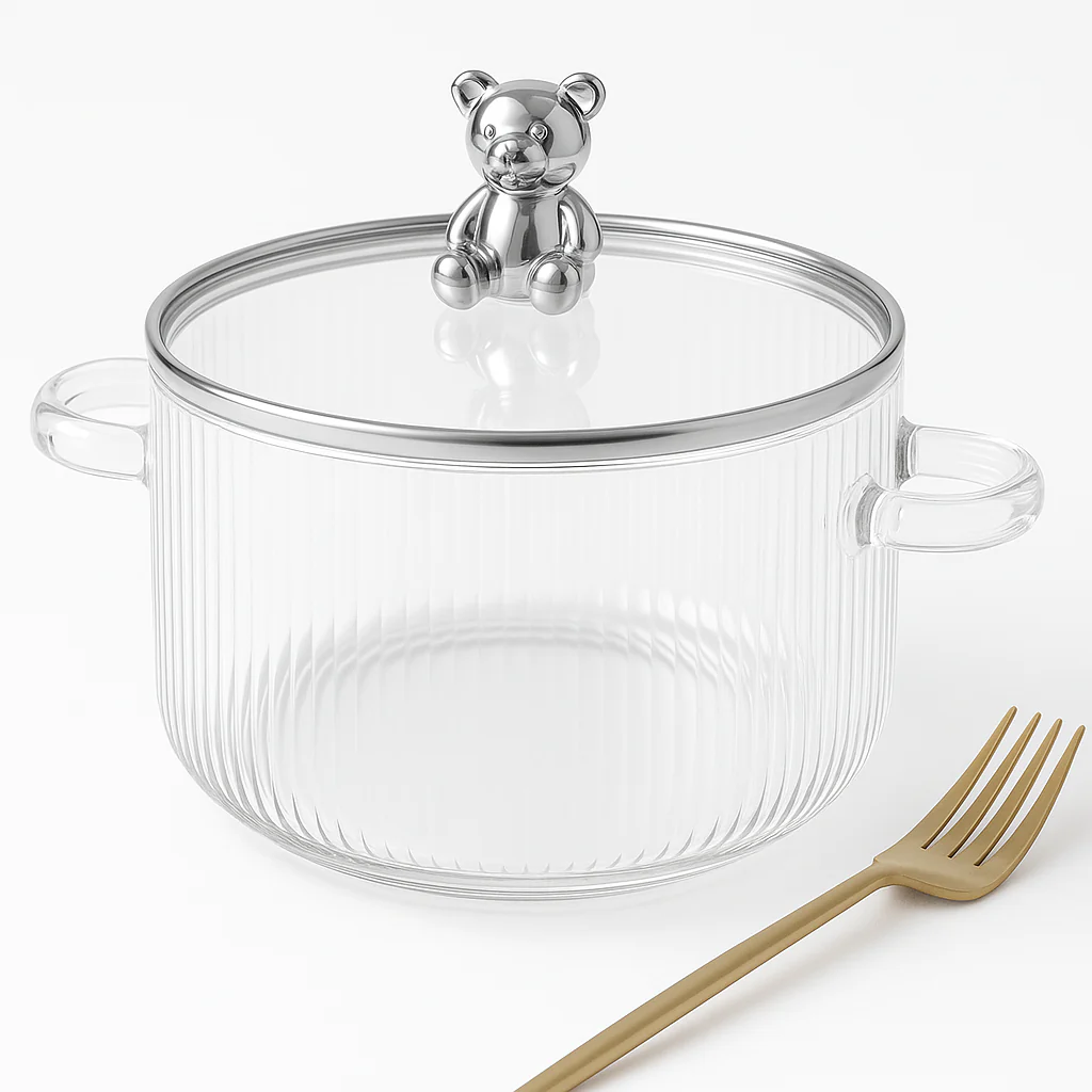1600ml Multipurpose Borosilicate Glass Pot with Bear Knob Lid | Ideal for Cooking, Serving, Storage & More - Image 2