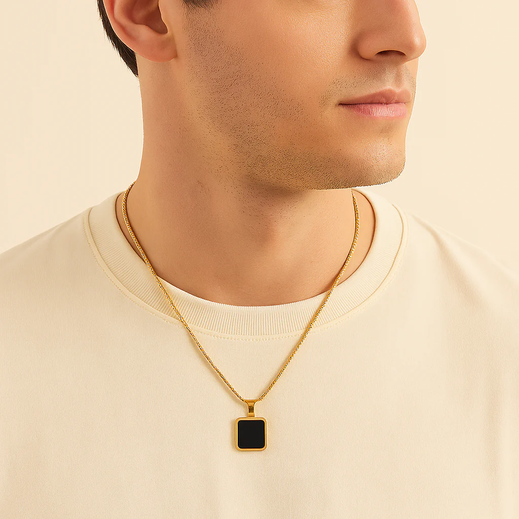 18K Gold Plated Anti Tarnish Black Square Charm Men Chain