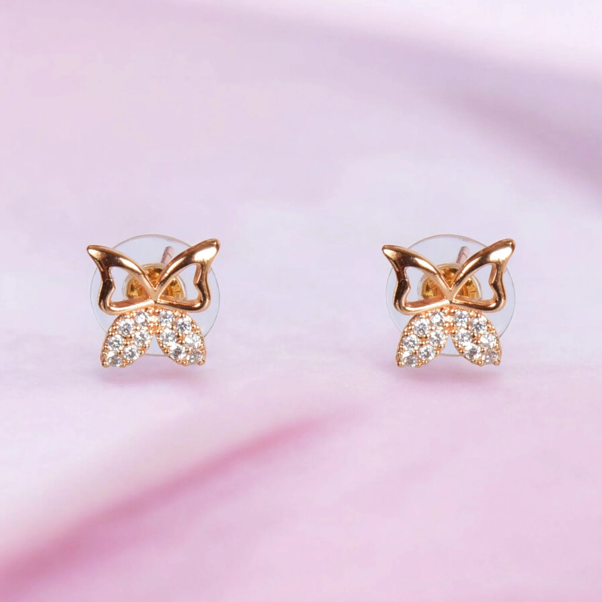 18K Rose Gold Plated Clip On Hoop Earrings, Latest Fancy Stylish Zircon Copper Bali Earrings For Women And Girls (Butterfly) - Image 5