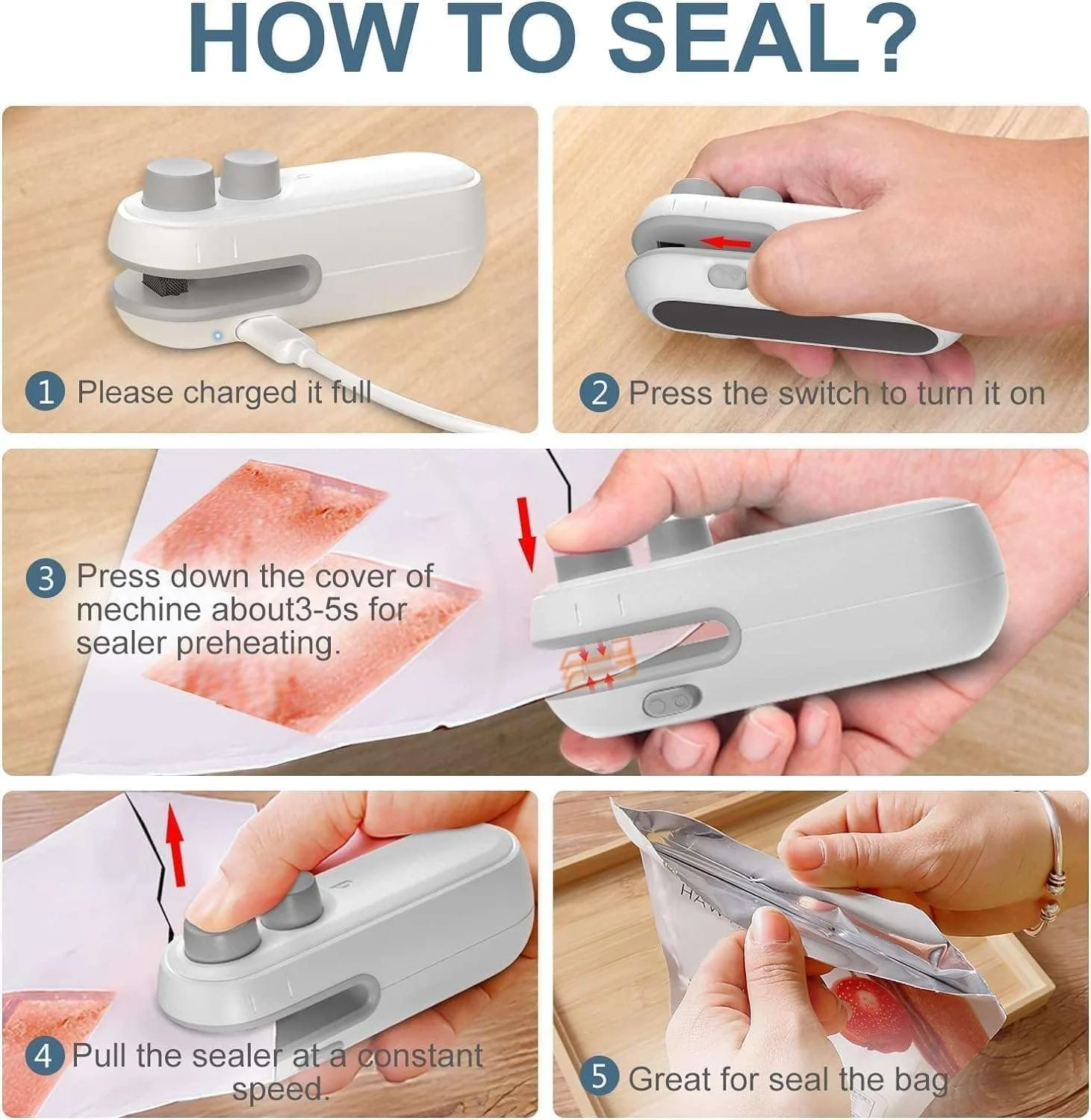 2-in-1 Rechargeable Bag Sealer and Cutter | Portable Heat Sealer for Plastic Bags  (Random Color will be supplied) - Image 6