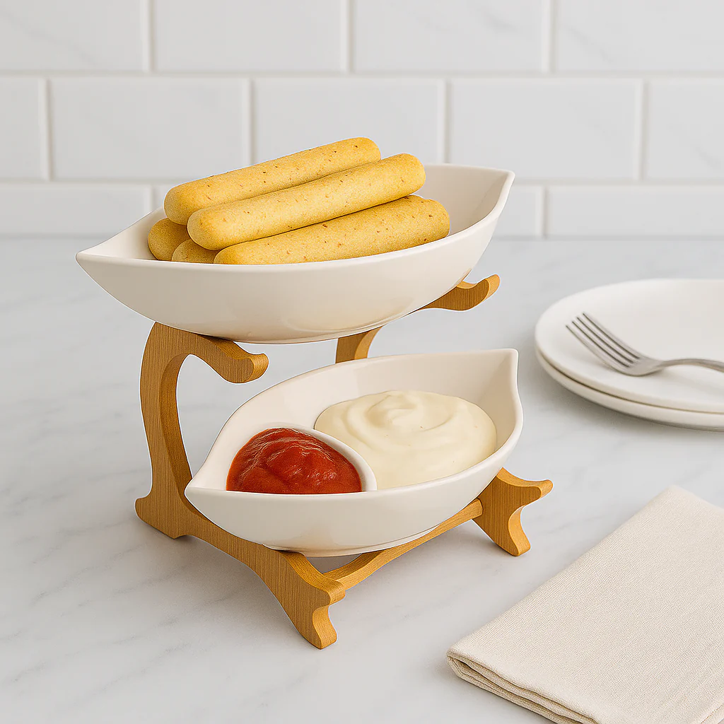 2-Tier Ceramic Serving Bowls with Wooden Stand - Image 3