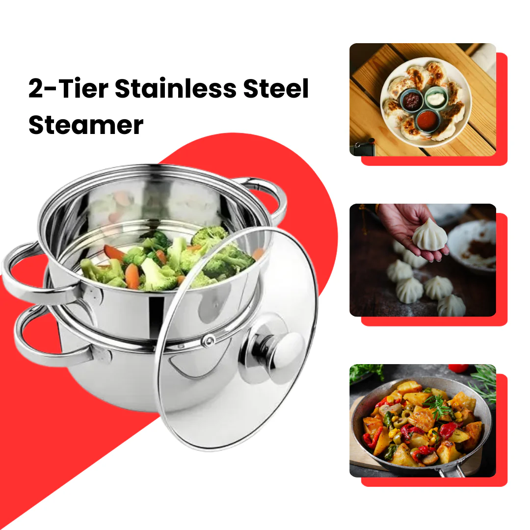 2-Tier Stainless Steel Steamer with Glass Lid - Image 10