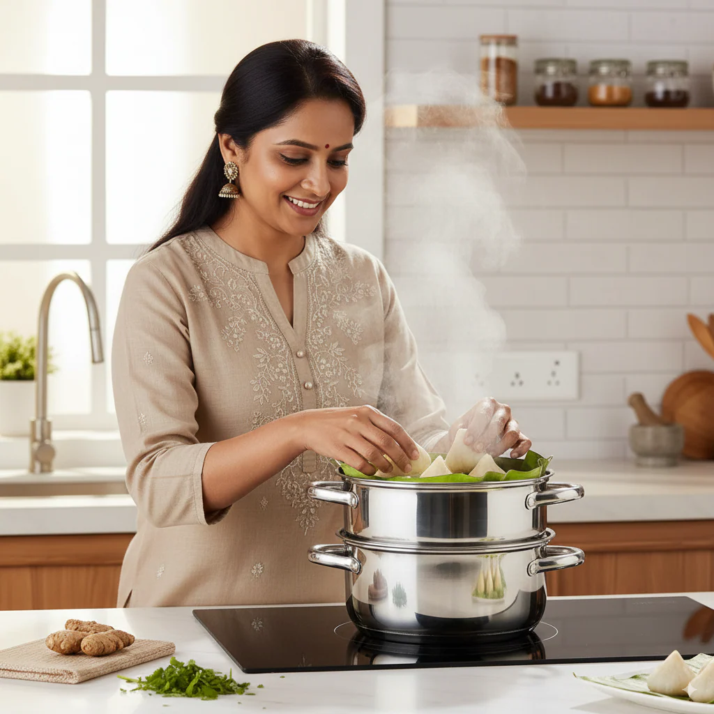 2-Tier Stainless Steel Steamer with Glass Lid - Image 2