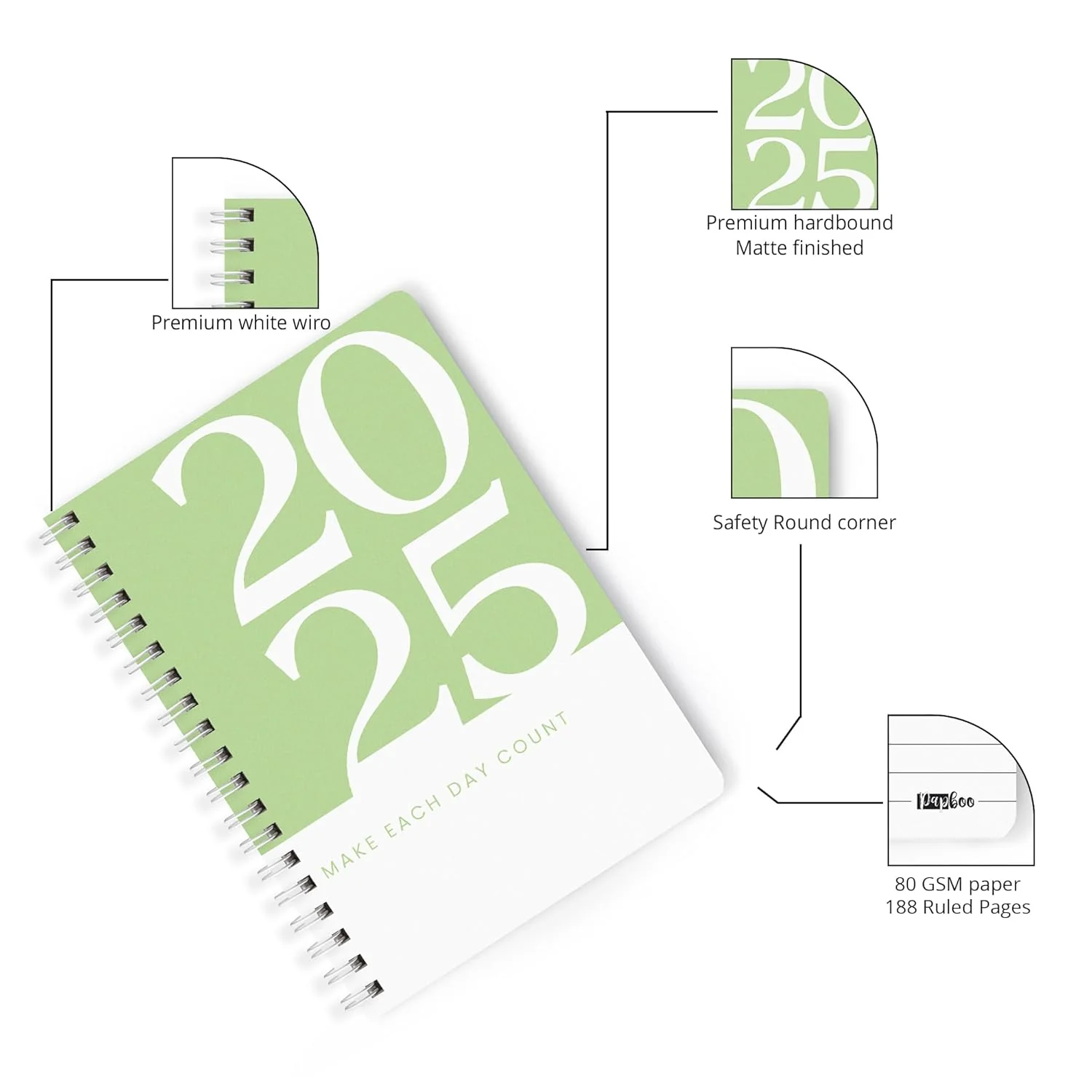 2025 Wiro Hardcover Diary with Calendar (Green) - Image 4