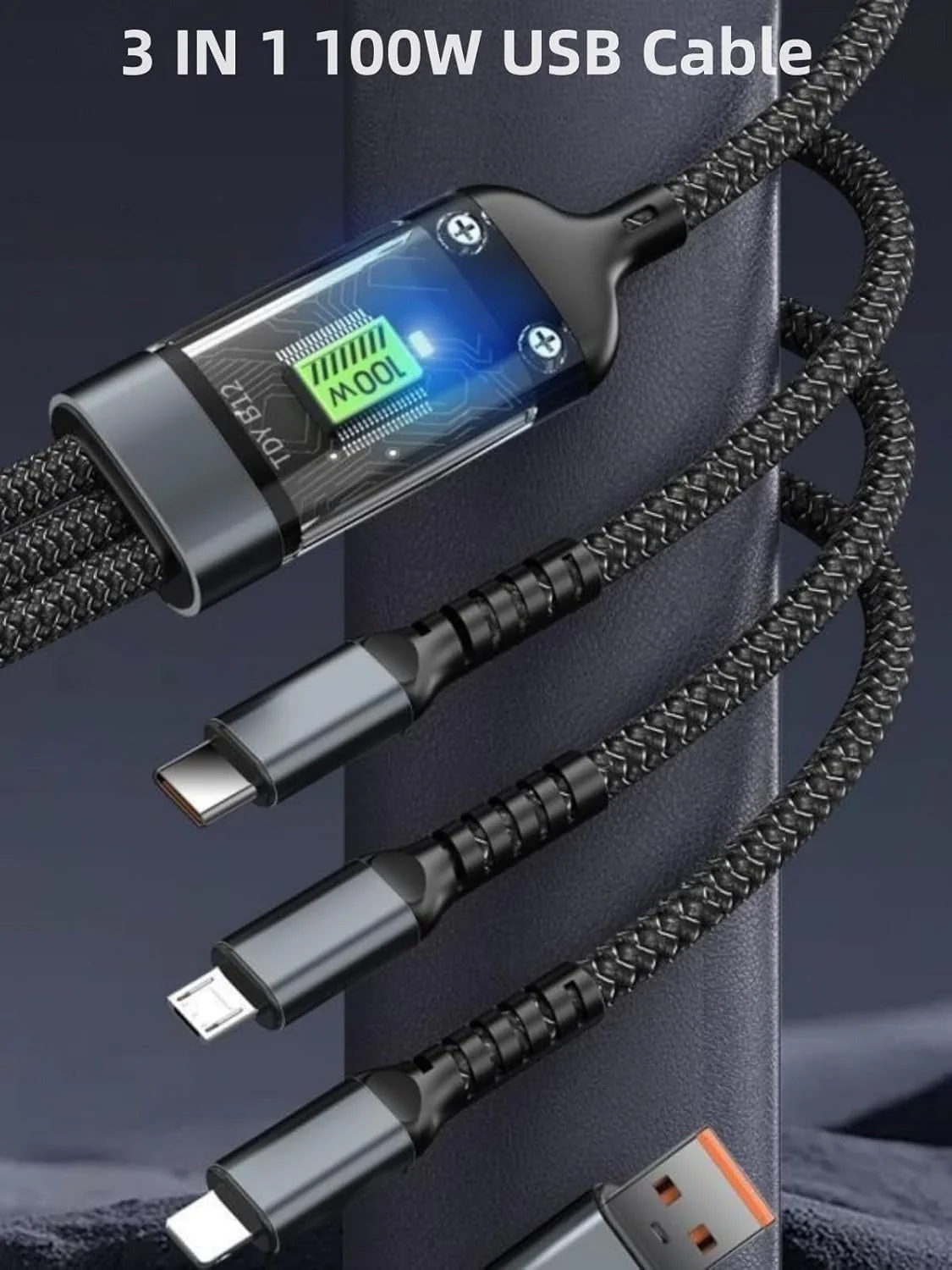 3 in 1 LED Display 100W Fast Charging Braided Cable - Trono - Image 2