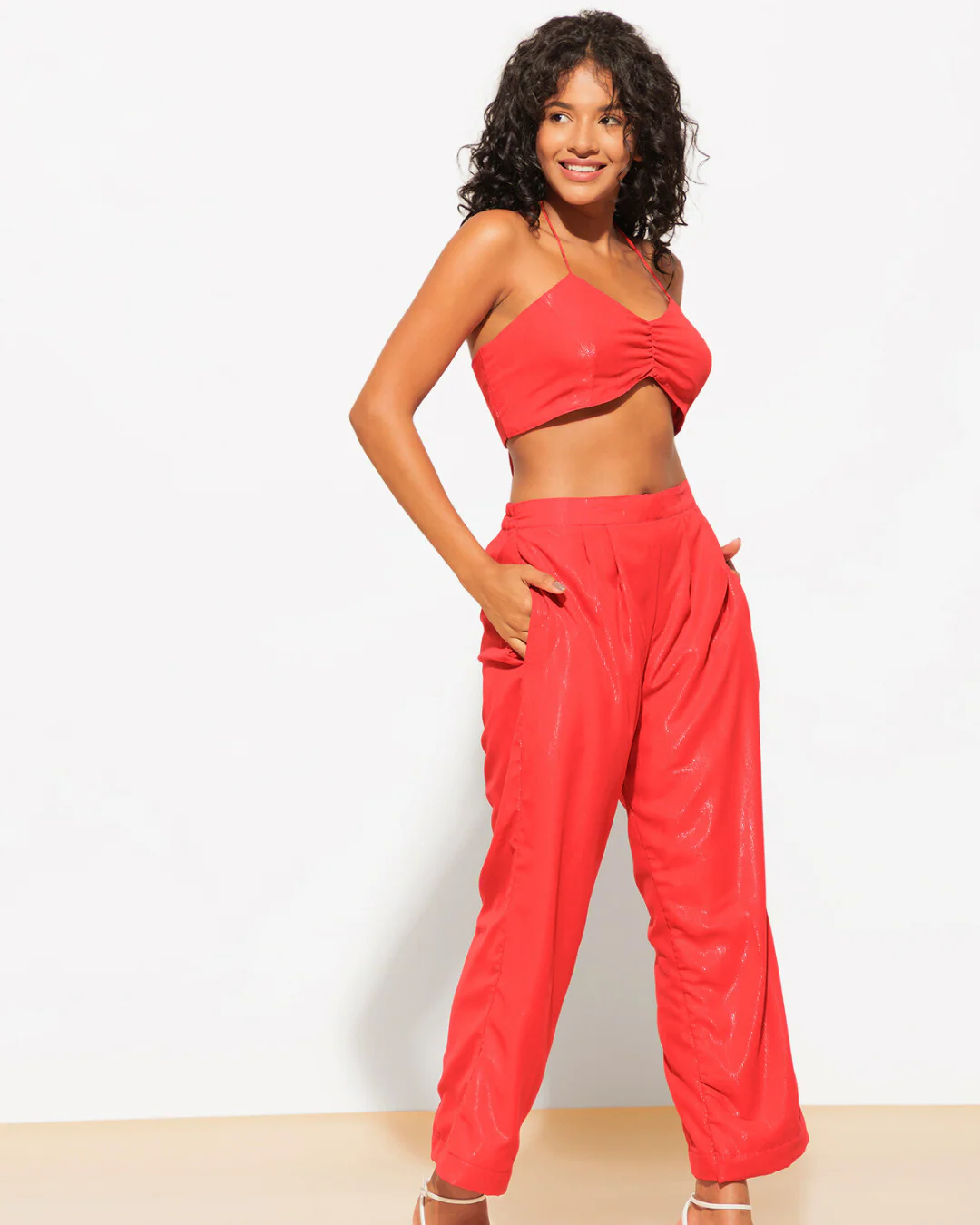 3 Piece Shimmer Co-ord Set – Bralette, Shirt & Pants Combo - Image 3