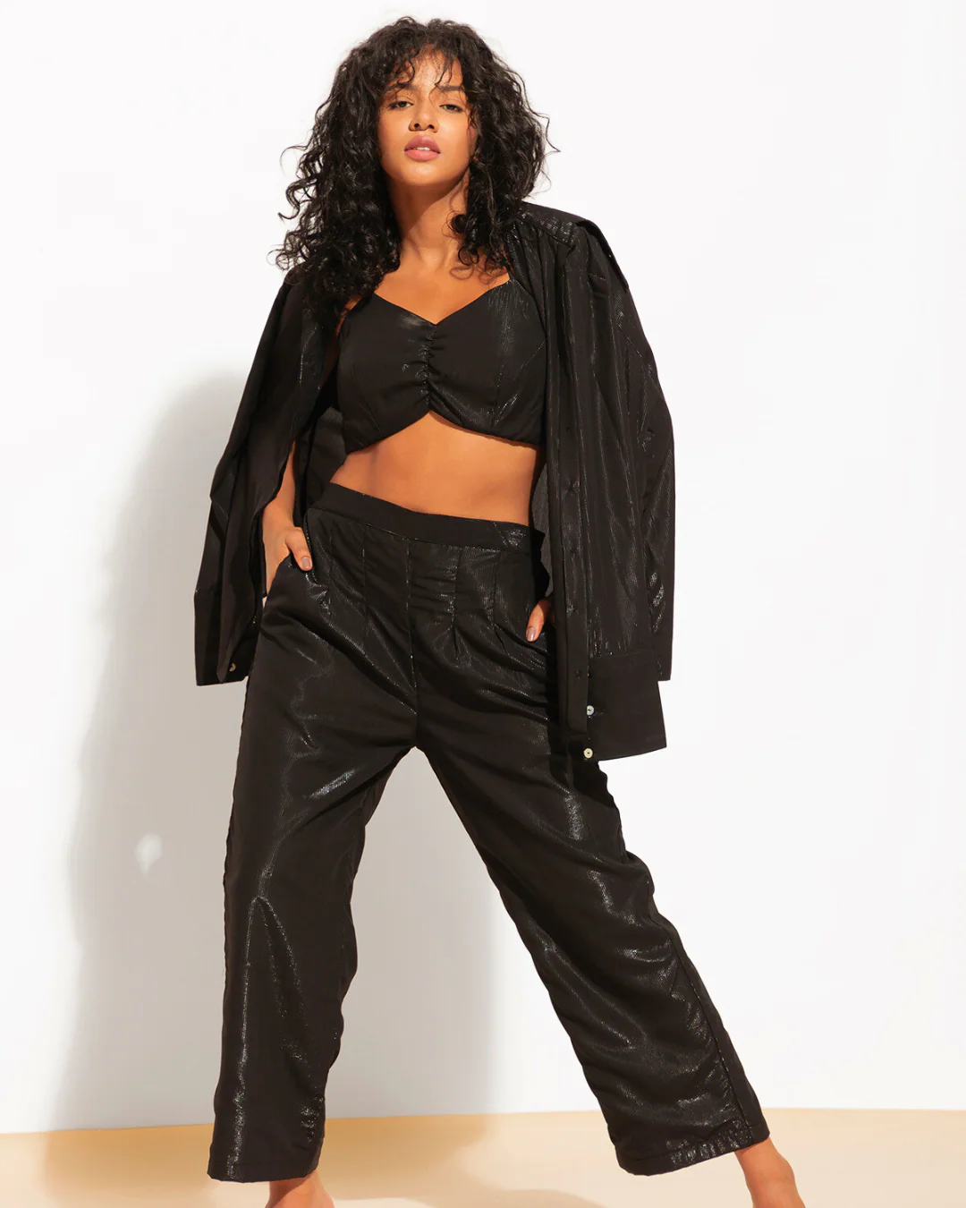 3 Piece Shimmer Co-ord Set – Bralette, Shirt & Pants Combo - Image 7