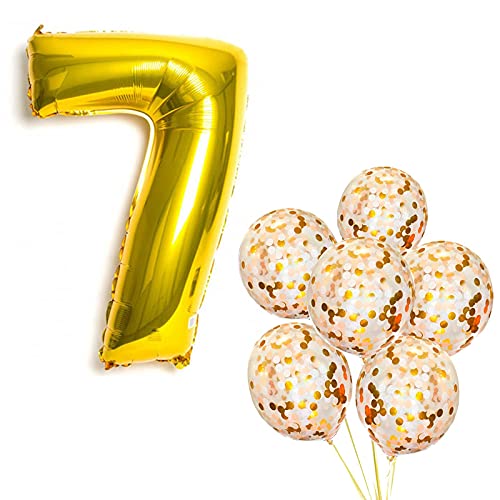 32 Inch Number 7 Gold Foil Balloon With 20 Pcs Confetti Balloons