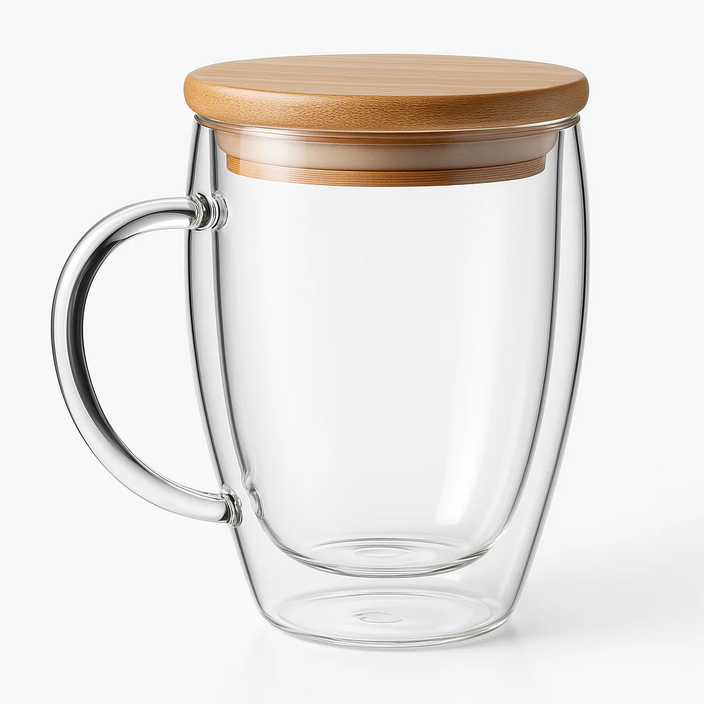 350 ml Double Wall Glass Coffee Mug with Wooden Lid | Borosilicate Insulated Cup for Hot & Cold Beverages | Cool-to-Touch, Anti-Condensation, Elegant Modern Design - Image 2