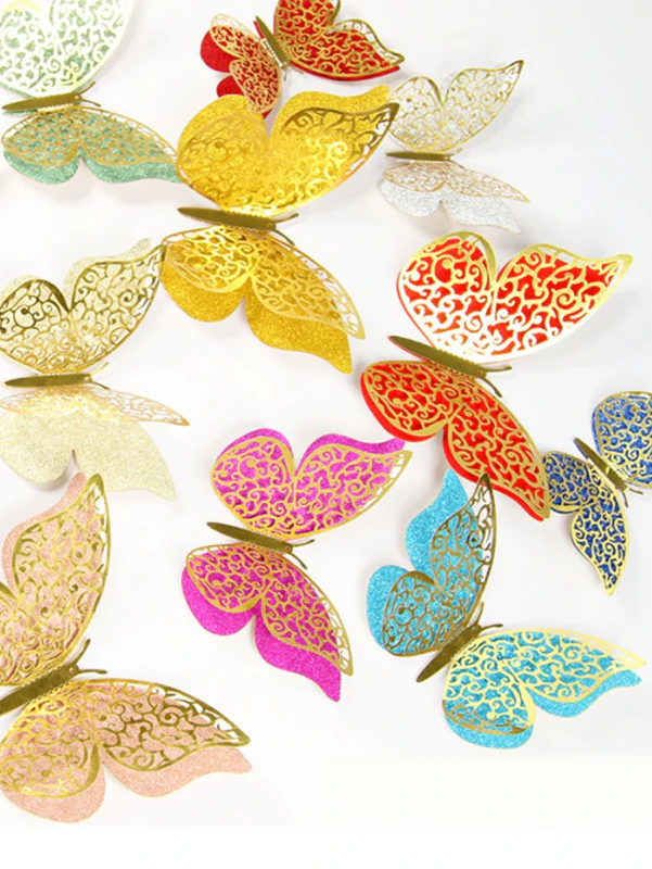 3D Double Layer Hollow Butterfly Stickers (Multicolor) (Pack of 12, Mixed Size)