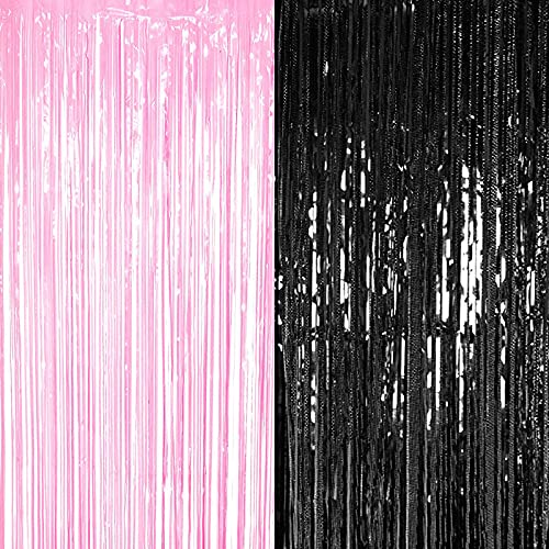 3ft x 6ft Metalic Fringe Foil Curtain With Baby Pink And Black Color (Pack of 2)