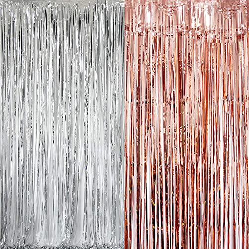 3ft x 6ft Metalic Fringe Foil Curtain With Silver And Rose Gold (Pack of 2)