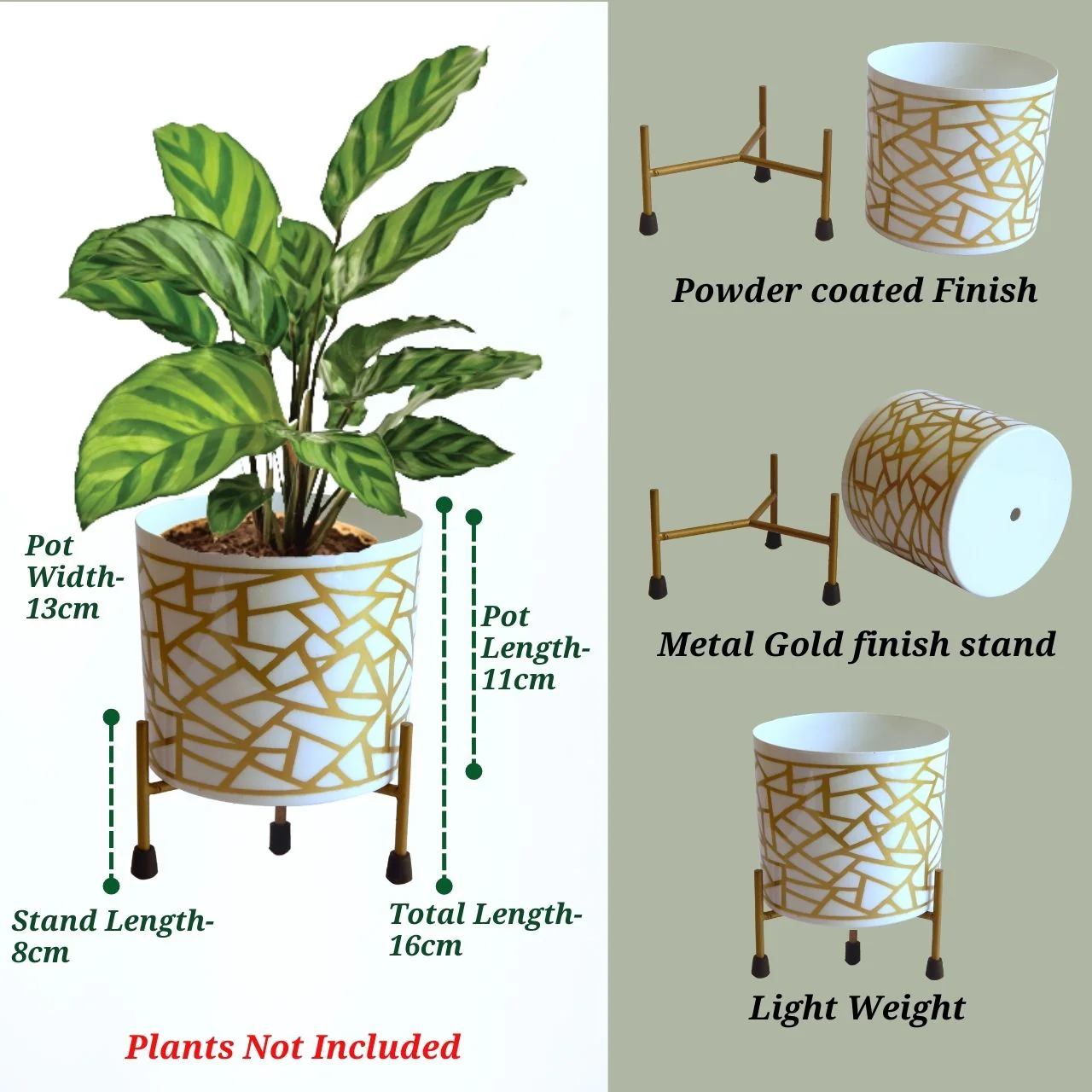 5 inches Ian White Metal Planter Pot with Gold Stand - Image 2