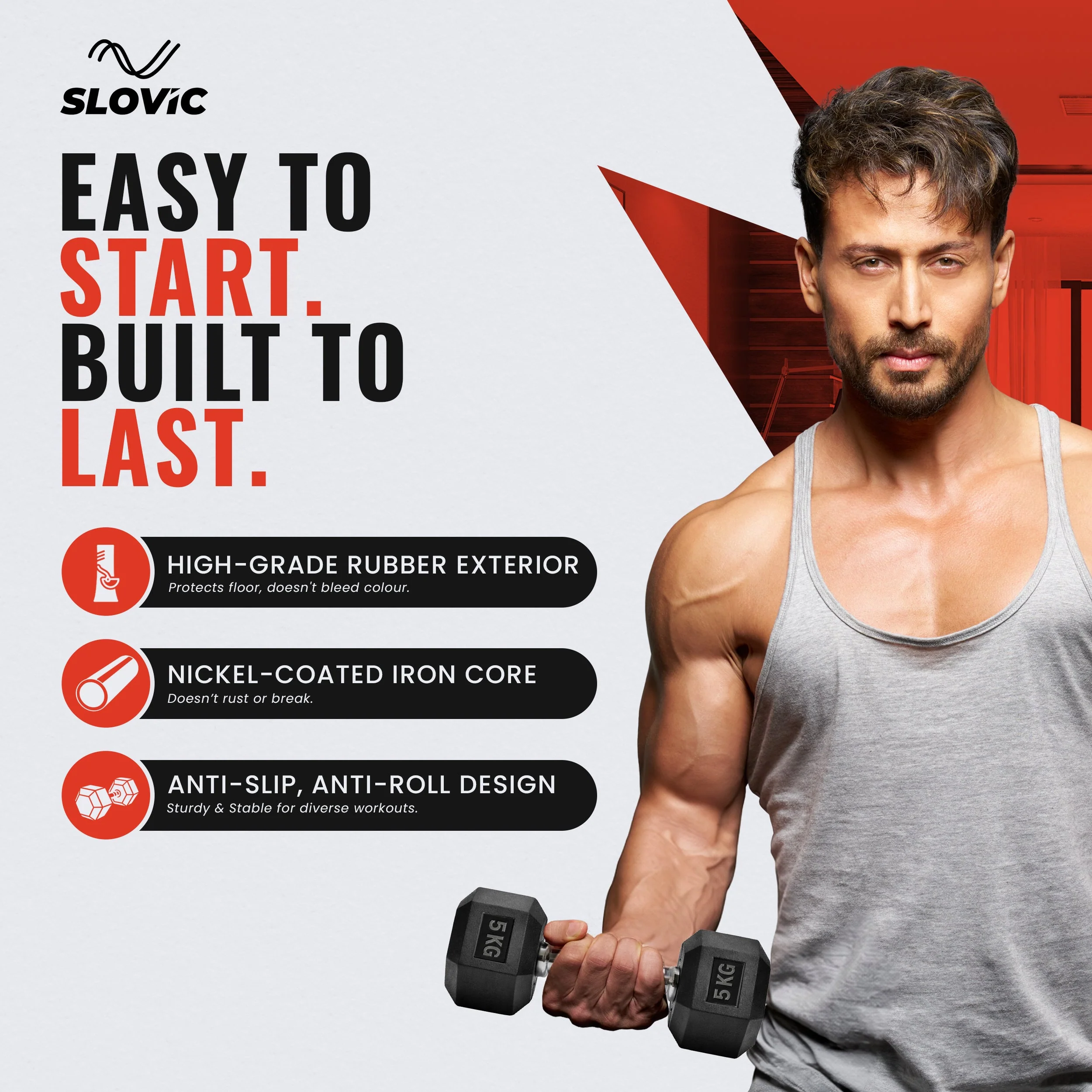 5 kg Hexa Rubber Dumbbells (Pair) | Anti-Slip Grip - Image 5