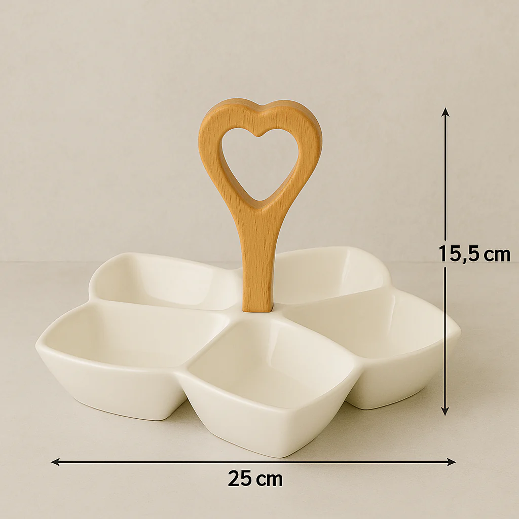 5-Section Ceramic Snack Tray with Wooden Heart Handle - Image 2