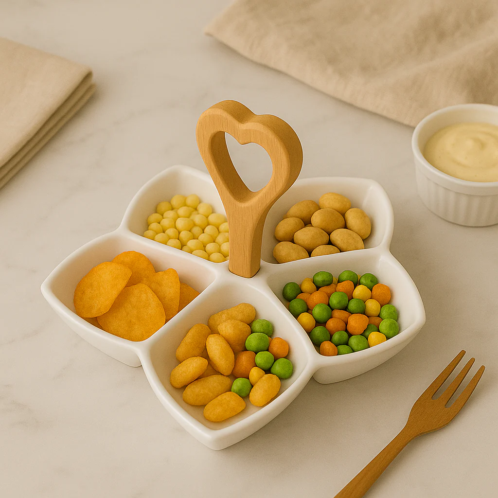 5-Section Ceramic Snack Tray with Wooden Heart Handle - Image 3