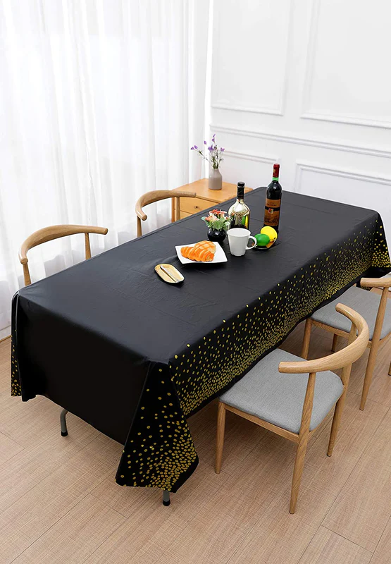 54 x 72 Inch Plastic Disposable Table Cover With Gold Polka Dot (Black) - Image 3