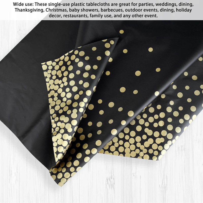 54 x 72 Inch Plastic Disposable Table Cover With Gold Polka Dot (Black) - Image 4