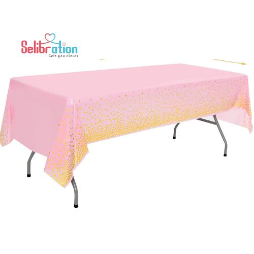 54 x 72 Inch Plastic Disposable Table Cover With Gold Polka Dot (Pink) - Image 2