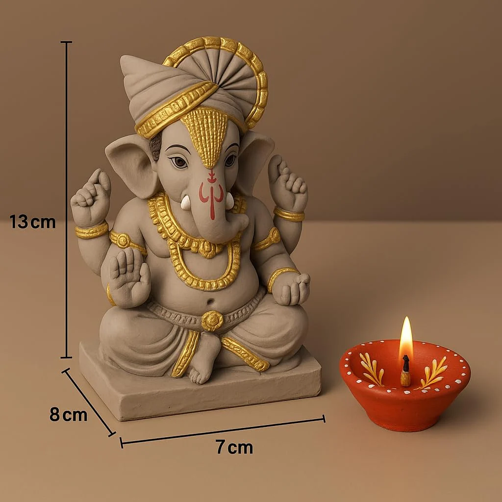 6 Inch Pagdi Clay Eco Friendly Golden Touch Dagdusheth Ganesh ji - Image 3