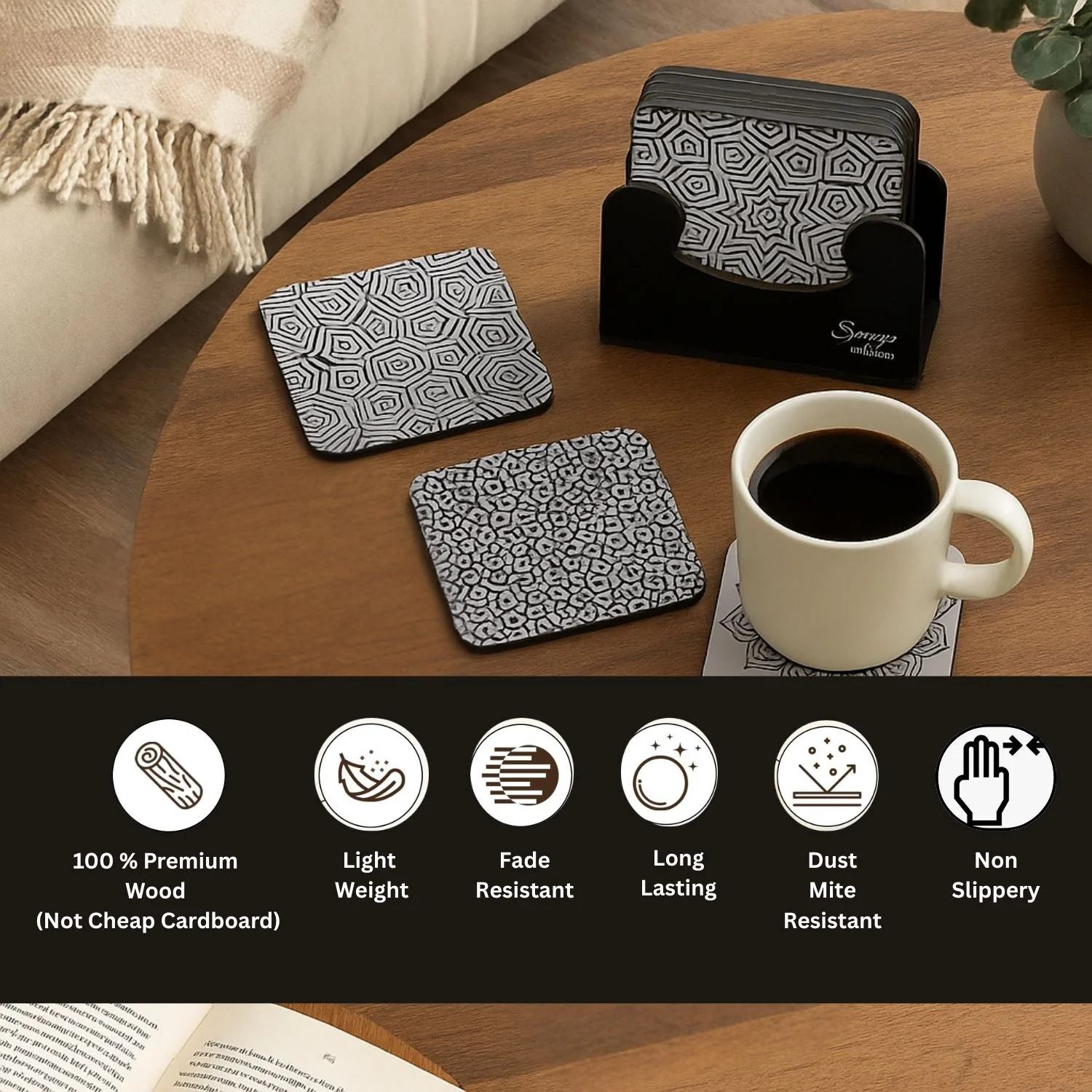 6-Piece Premium Abstract Design Wooden Coaster Set with EPE Anti-Slip Base & Storage Stand | 3.5” Square | Water Resistant - Image 4