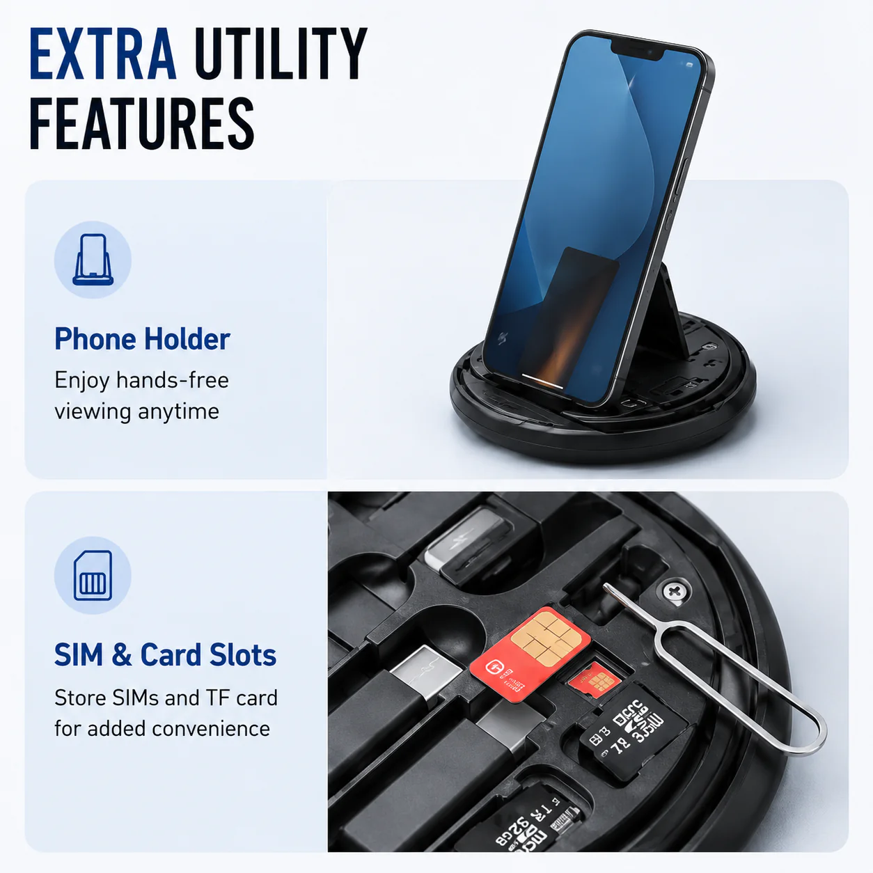 All in One 22.5W Multi-Purpose Fast Charging Data Cable Kit | Multifunctional Conversion Head | Portable Multi-Type Charging Connector - USB, TypeC & Lightning | Sim Storage with Sim Ejecting Pin | Mobile Stand | Blue & Black - Image 3