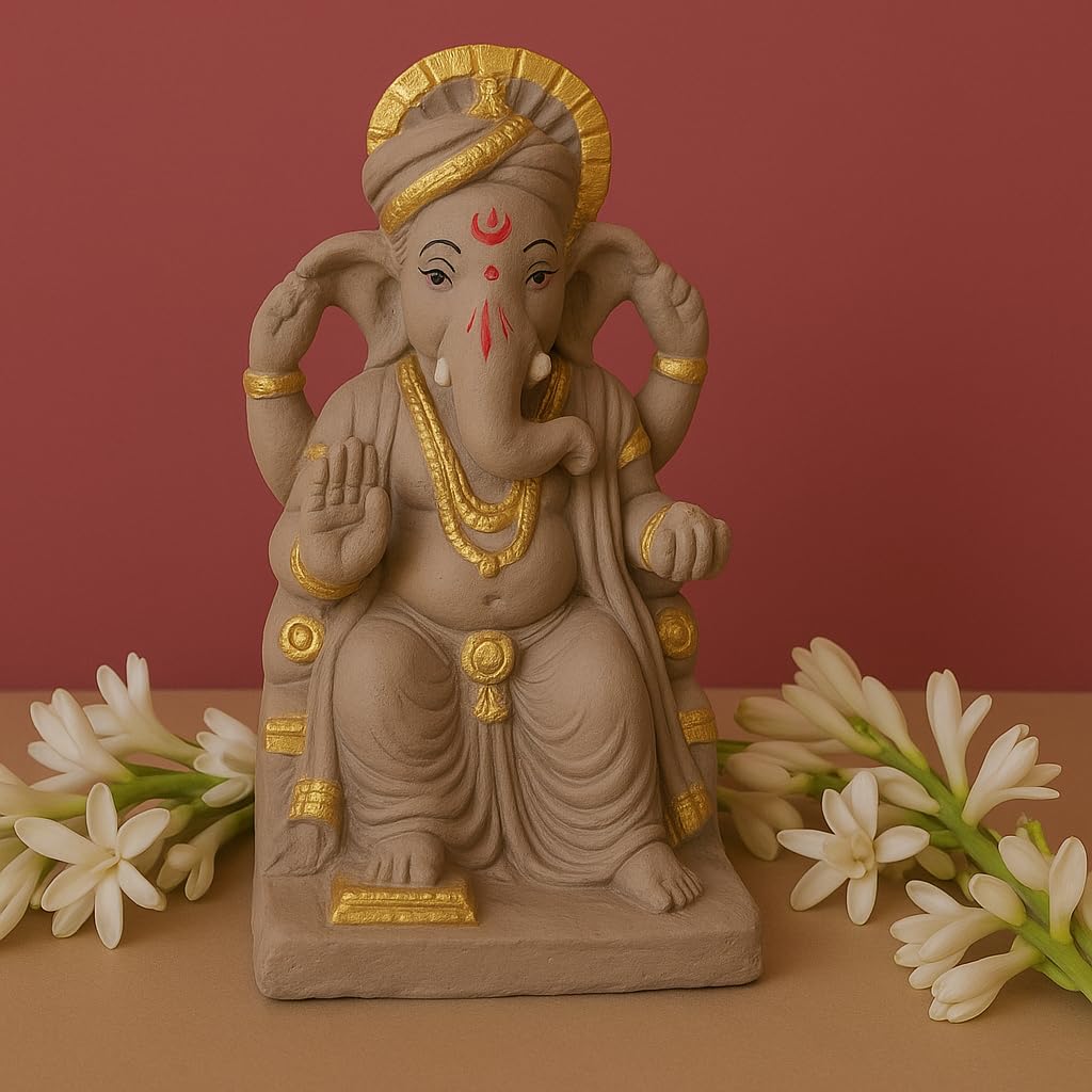 9 Inch Eco-Friendly Lalbaugcha Raja Ganesh Idol | Clay Ganpati Murti - Image 7
