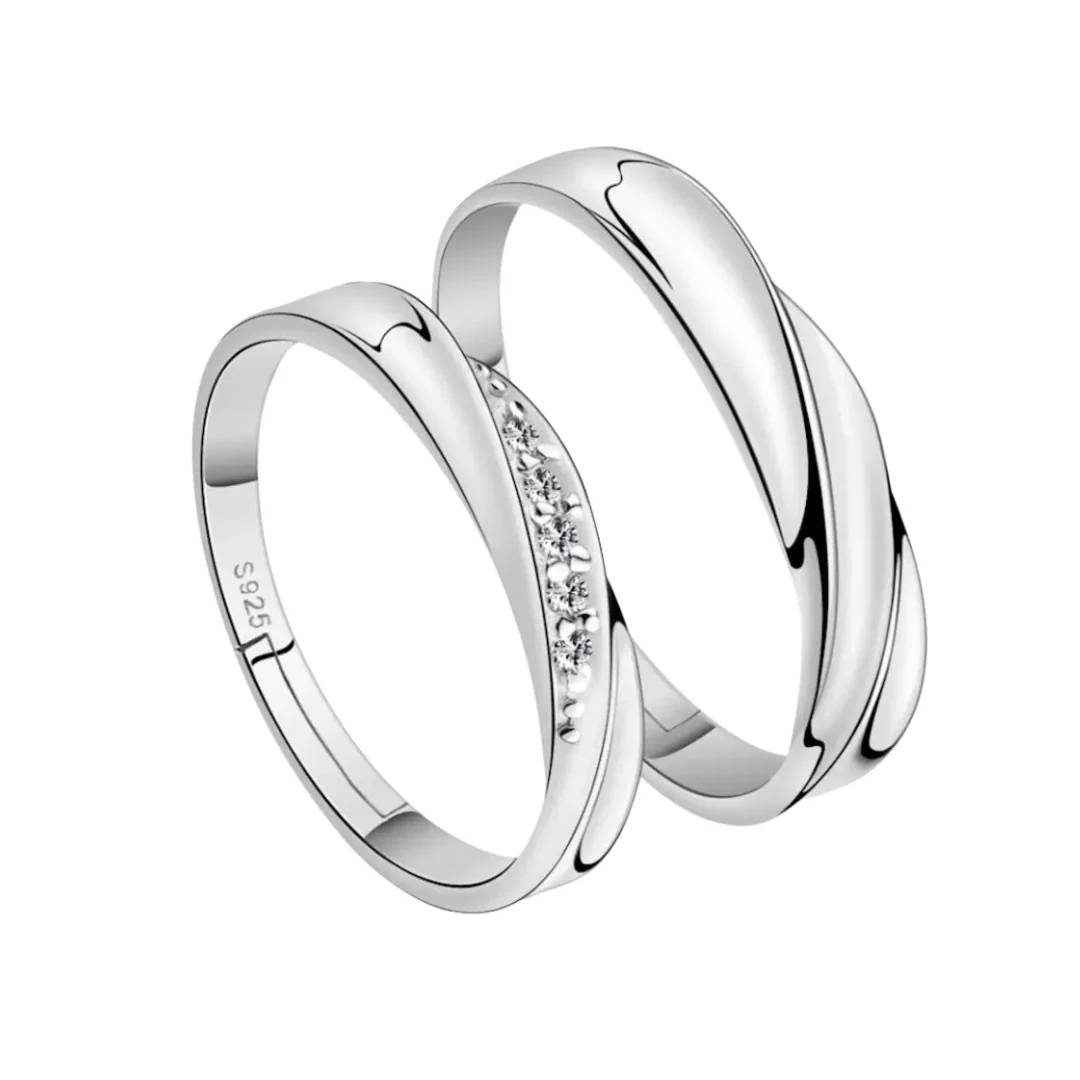 925 Sterling Silver Plated Cubic Zirconia Designer Couple Rings, Adjustable Couple Band, Promise Rings For Lovers, Gift For Men And Women