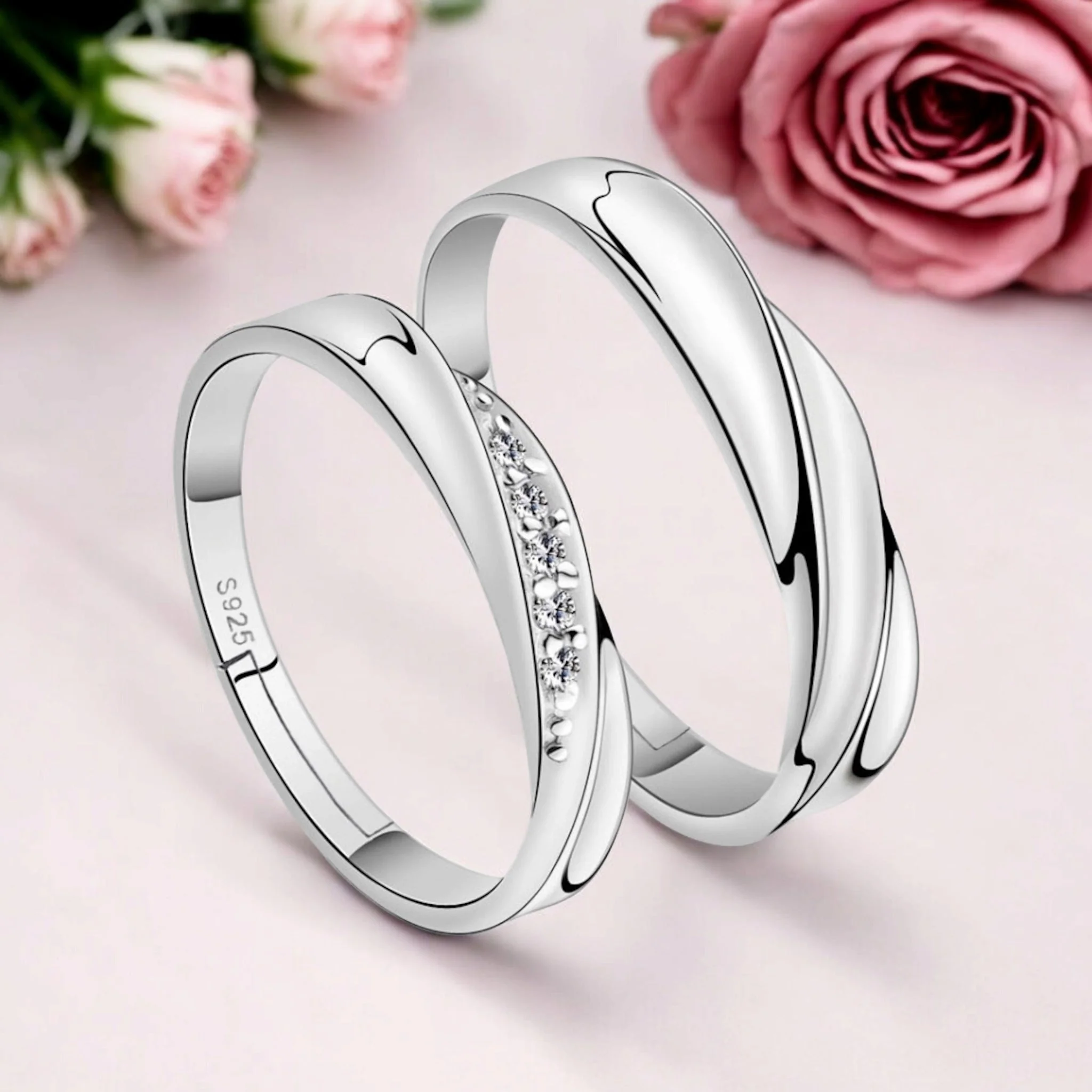 925 Sterling Silver Plated Cubic Zirconia Designer Couple Rings, Adjustable Couple Band, Promise Rings For Lovers, Gift For Men And Women - Image 10