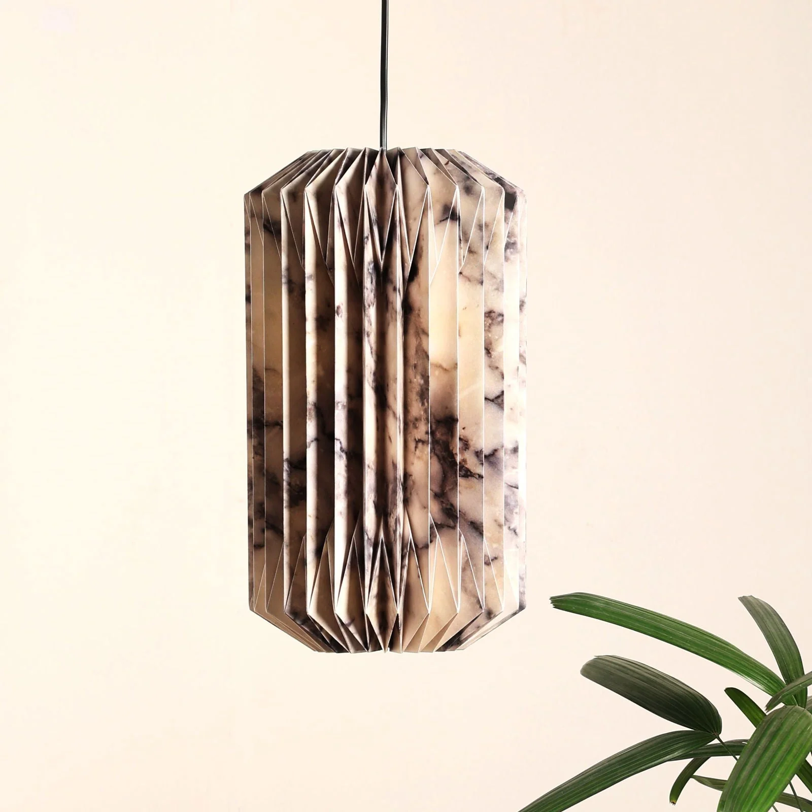 Abc Drum Pendant Lamp (Marble Print) - Marble Printed Origami Pendant Light, Origami Hanging Light