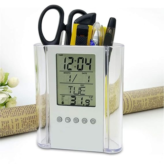 Acrylic Digital Pen Holder Office Desk Digital Clock With Pen Holder 1 pc