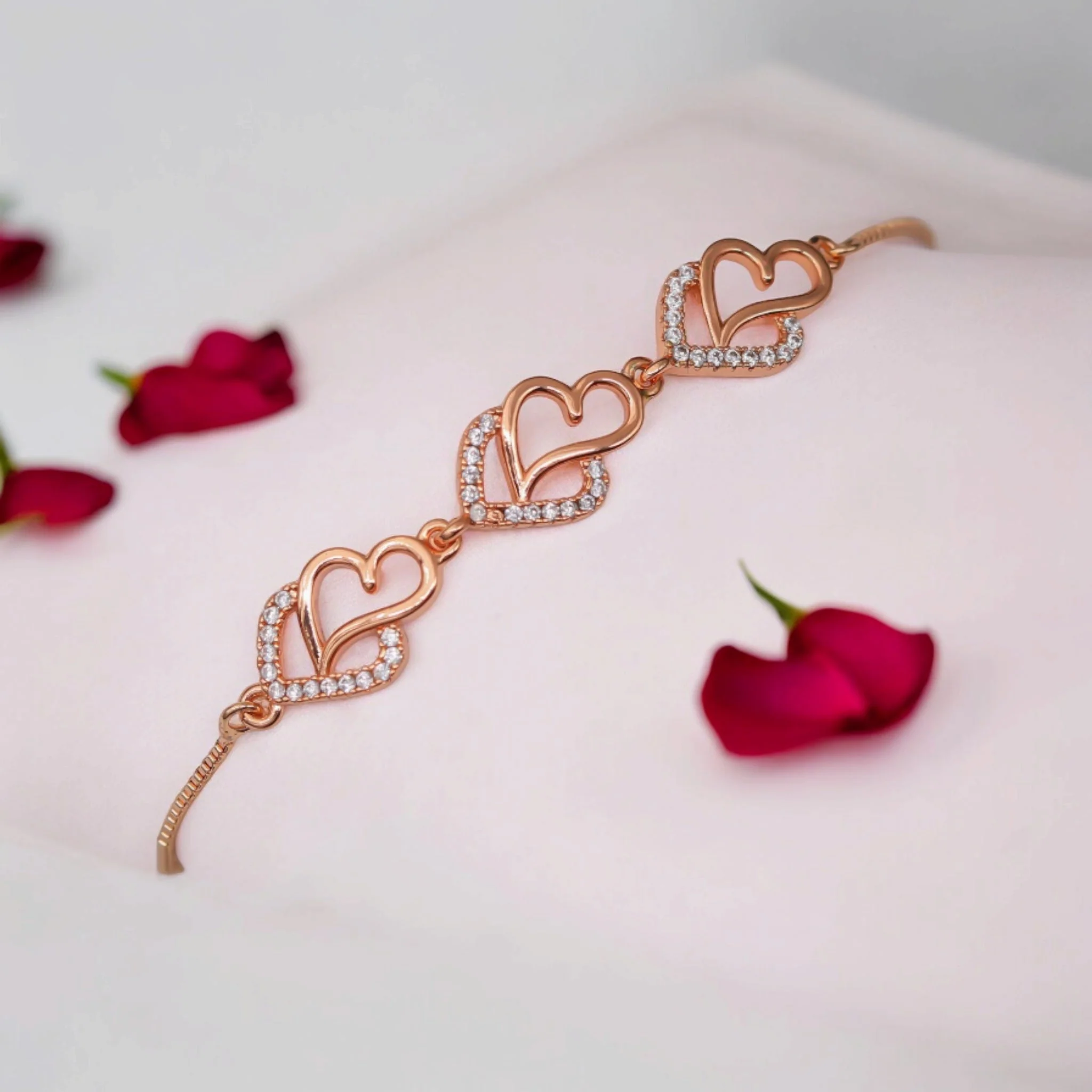 Ad Studded Heart Shape Bracelet For Women, Stylish Rose Gold Plated Adjustable Bracelet, Valentine Gift For Girls - Image 11
