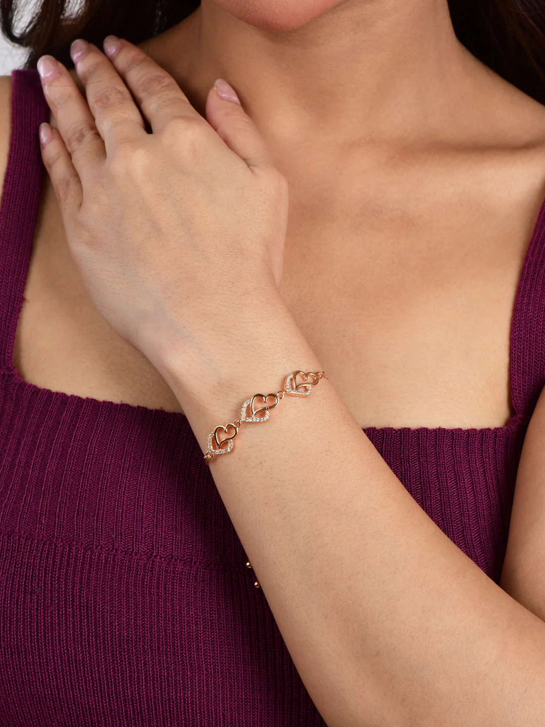 Ad Studded Heart Shape Bracelet For Women, Stylish Rose Gold Plated Adjustable Bracelet, Valentine Gift For Girls - Image 12