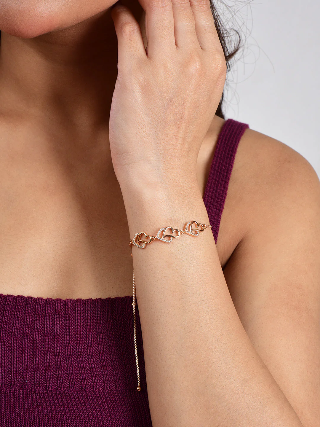 Ad Studded Heart Shape Bracelet For Women, Stylish Rose Gold Plated Adjustable Bracelet, Valentine Gift For Girls - Image 13