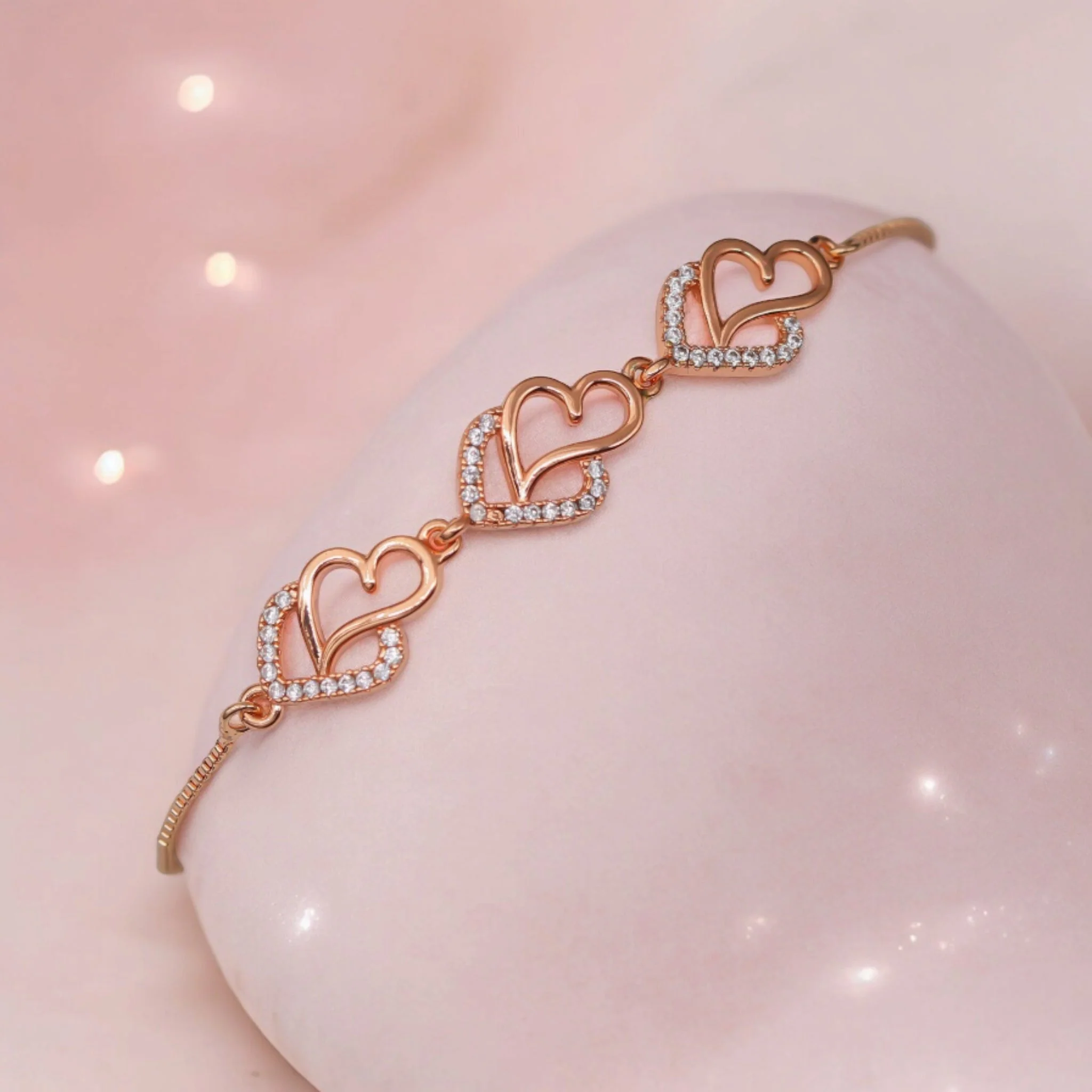 Ad Studded Heart Shape Bracelet For Women, Stylish Rose Gold Plated Adjustable Bracelet, Valentine Gift For Girls - Image 2