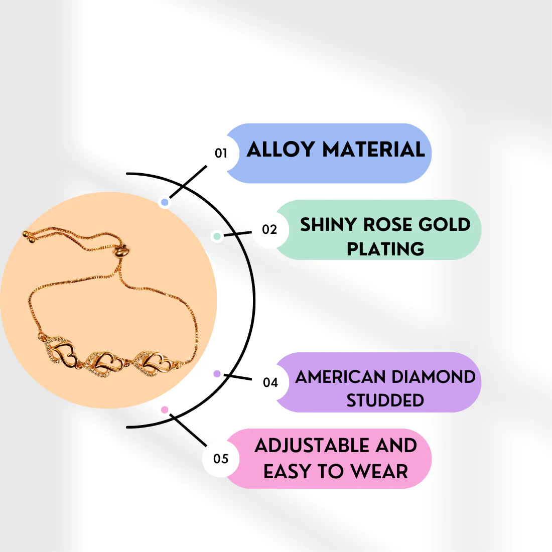 Ad Studded Heart Shape Bracelet For Women, Stylish Rose Gold Plated Adjustable Bracelet, Valentine Gift For Girls - Image 4