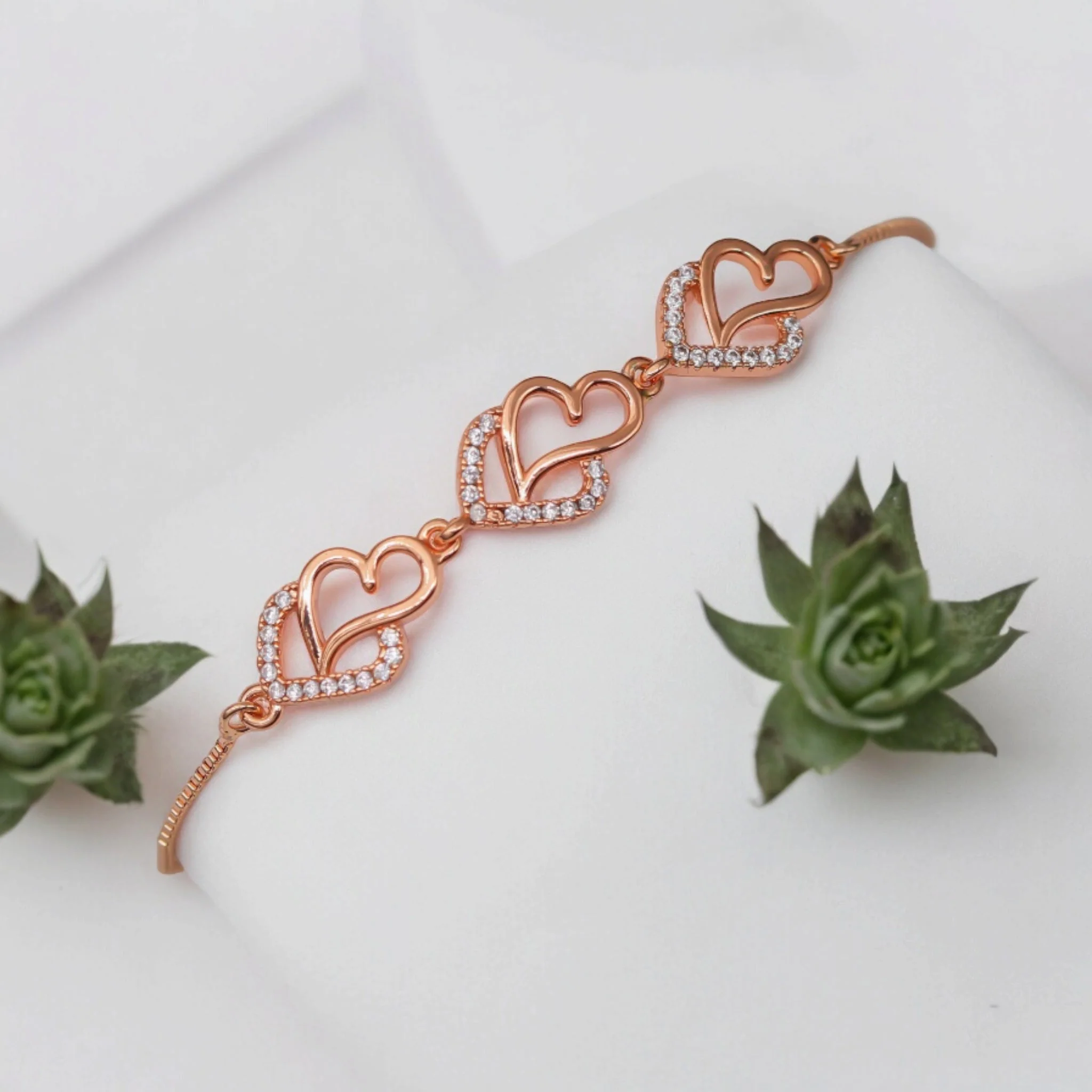 Ad Studded Heart Shape Bracelet For Women, Stylish Rose Gold Plated Adjustable Bracelet, Valentine Gift For Girls - Image 6