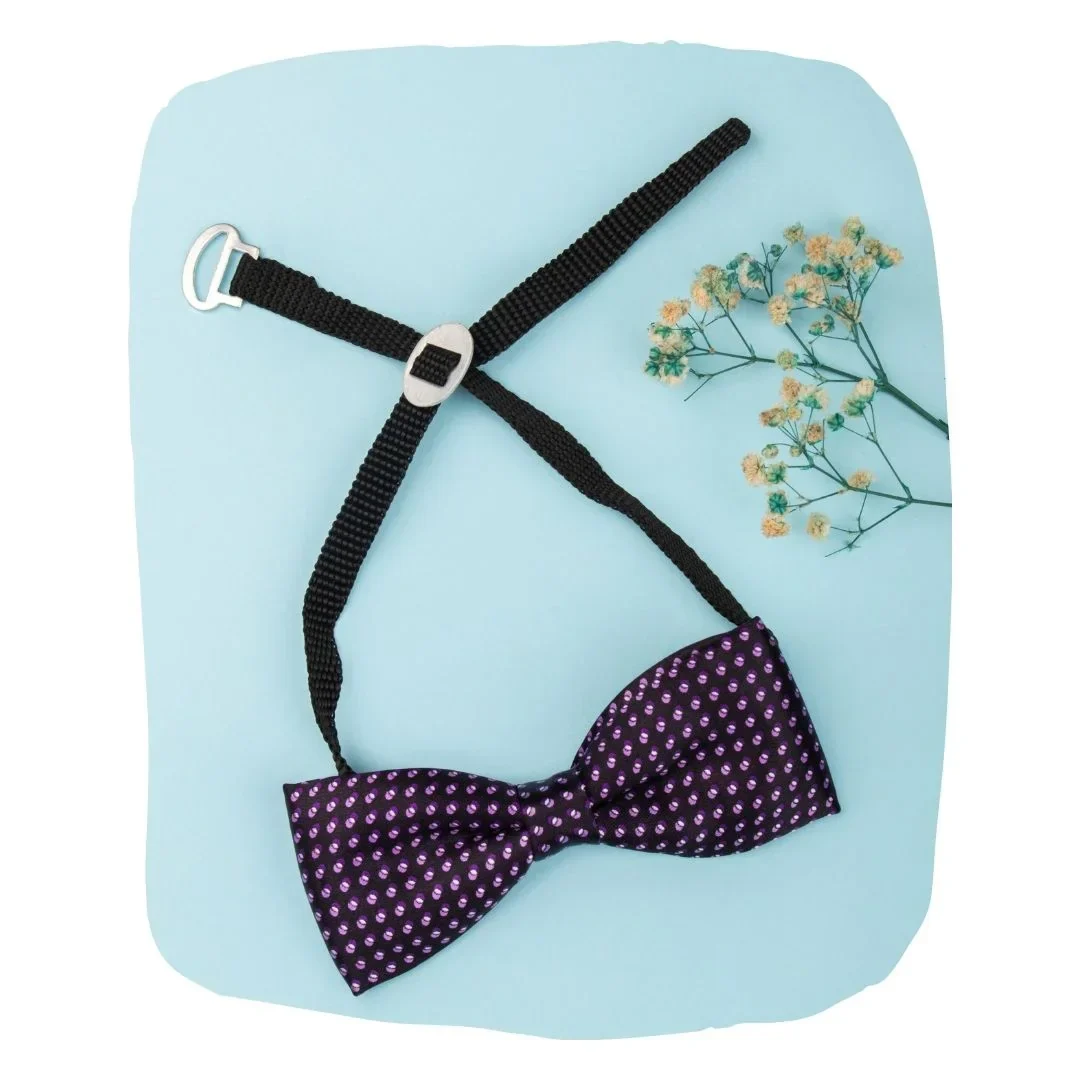 Adjustable Satin Bow Tie for Boys – Printed Purple (Pre-Tied & Clip-On) - Image 6
