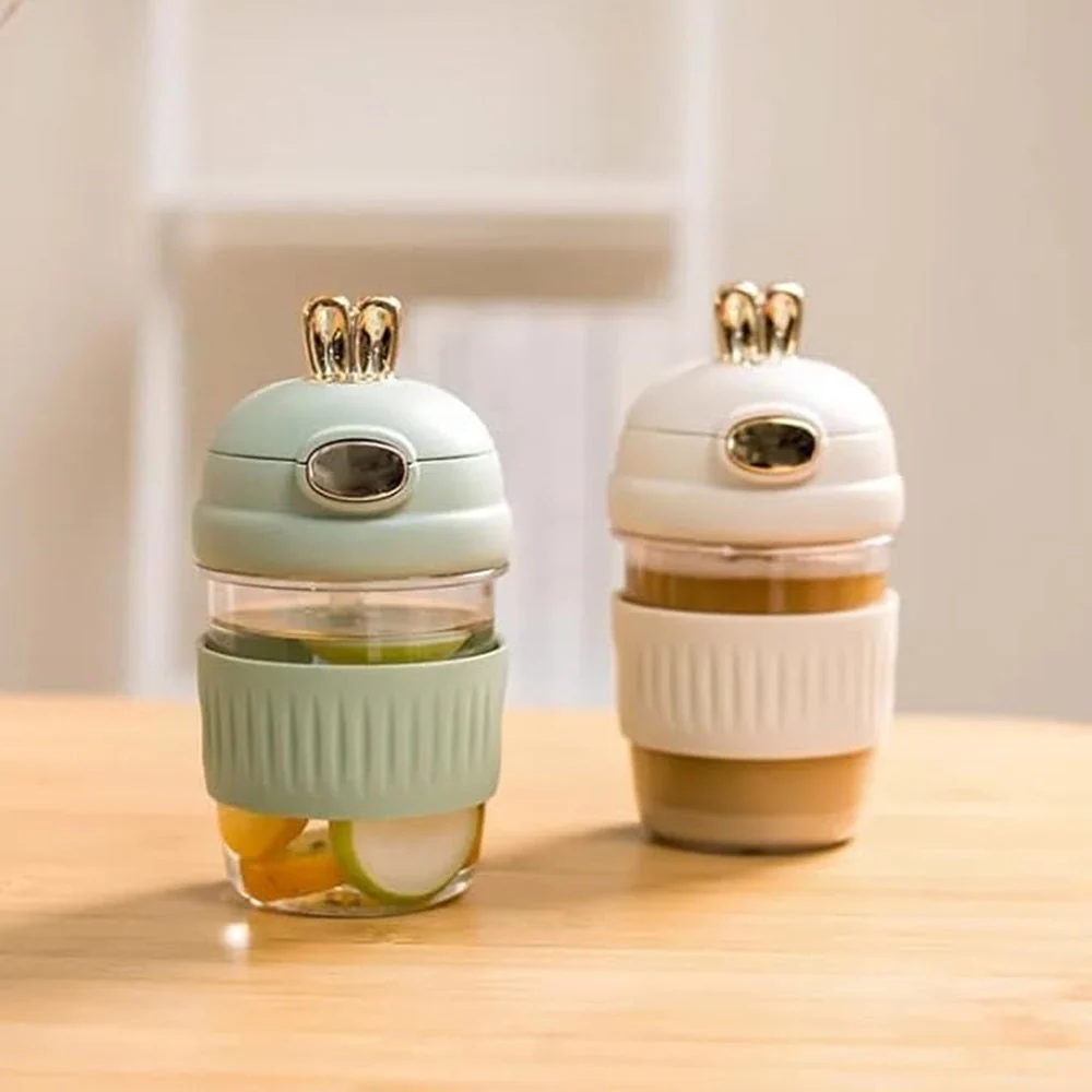 Adorable Rabbit Double Drinking Cup – Glass Mug with Straw & Lid | Portable & Leakproof - Image 2